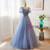 Blue Tulle Puff Sleeve Beading Sequins Prom Dress
