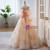 Champagne Tulle Strapless Flower Prom Dress