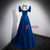 Blue Satin See Through Neck Short Sleeve Prom Dress