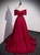 A-Line Burgundy Satin Off the Shoulder Pearls Prom Dress