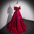 A-Line Burgundy Satin Off the Shoulder Pearls Prom Dress