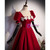 Red Square Puff Sleeve Flower Prom Dress