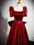 Burgundy Satin Square Neck Short Sleeve Bow Prom Dress