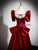 Burgundy Satin Square Neck Short Sleeve Bow Prom Dress