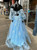 Blue Tulle Long Sleeve Appliques Prom Dress