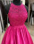 Fuscia Lace Appliques Satin Halter Prom Dress