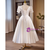 White Satin Square Neck Short Sleeve Pearls Wedding Dress