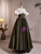 Black Satin Puff Sleeve Flower Prom Dress