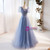 Blue Tulle Square Neck Puff Sleeve Prom Dress