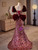 BurgundyMermaid Sequins Puff Sleeve Bow Prom Dress