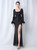 In Stock:Ship in 48 Hours Black Sequins Long Sleeve Split Feather Prom Dress