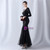 In Stock:Ship in 48 Hours Black Tulle Sequins Long Sleeve Feather Party Dress