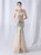 In Stock:Ship in 48 Hours Apricot Silver Mermaid Sequins Strapless Feather Prom Dress