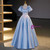 Blue Satin Puff Sleeve Appliques Quinceanera Dress