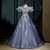 Blue Tulle Puff Sleeve Backless Beading Quinceanera Dress