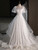 White Lace Puff Sleeve Square Neck Pearls Wedding Dress