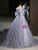 Gray Blue Tulle Sequins Strapless Feather Prom Dress