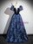 Navy Blue Sqwuare Puff Sleeve Crystal Quinceanera Dress