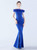 In Stock:Ship in 48 Hours Royal Blue Off the Shoulder Feather Split Party Dress