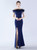 In Stock:Ship in 48 Hours Navy Blue Off the Shoulder Feather Split Party Dress