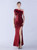 In Stock:Ship in 48 Hours Burgundy One Shoulder Sequins Feather Split Party Dress