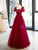 Burgundy Tulle Puff Sleeve Beading Prom Dress