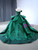 Green Satin Off the Shoulder Sequins Appliques Prom Dress