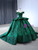 Green Satin Off the Shoulder Sequins Appliques Prom Dress