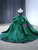 Green Satin Off the Shoulder Sequins Appliques Prom Dress