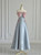 Blue Satin Straples Pink Bow Prom Dress