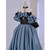 Blue Satin Black Lace Strapless Prom Dress