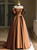 Coffee Satin Off the Shoulder Pleats Prom Dress