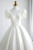 White Satin Bateau Neck Puff Sleeve Backless Wedding Dress