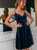 Navy Blue Velvet V-neck Halter Dress