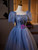 Blue Tulle Puff Sleeve Beading Prom Dress