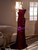 Burgundy Velvet Straps Flower Button Prom Dress