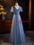 Blue Tulle Sequins Short Sleeve Prom Dress