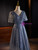 Blue Tulle Sequins V-neck Short Sleeve Prom Dress