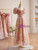 Pink Sequins Square Neck Short Sleeve Prom Dress