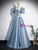 Blue Satin Puff Sleeve Square Beading Prom Dress