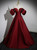 Burgundy Satin Strapless Puff Sleeve Prom Dress