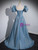 Blue Satin Puff Sleeve Square Neck Prom Dress