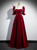 Burgundy Velvet Puff Sleeve Pearls Prom Dress