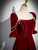 Burgundy Velvet Puff Sleeve Pearls Prom Dress