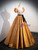 Gold Puff Sleeve Square Sequins Prom Dress