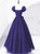 Dark Purple Tulle Sequins Puff Sleeve Pleats Prom Dress