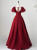 Burgundy Satin Puff Sleeve Pleats Prom Dress