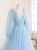 Light Blue Tulle Deep V-neck Long Sleeve Prom Dress