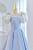 Blue Satin Puf Sleeve Bow Prom Dress