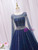 Navy Blue Tulle Sequins Beading Cap Sleeve Prom Dress